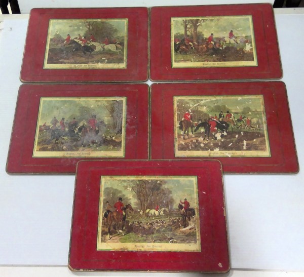 Antique Fox Hunt Hunting Set 5 Cork Back Dinner Placemats English Fox Hunting Pimpernel for sale