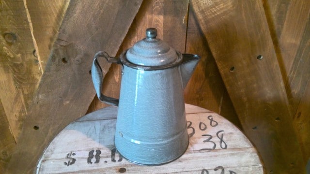 antique grey graniteware enamel coffeepot, primitive vintage coffee pot for sale