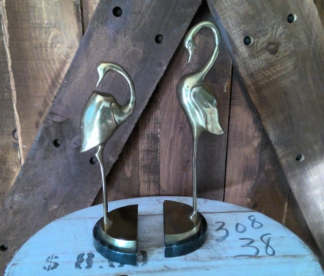 Brass Flamingo Bookends on Marble Bases for sale