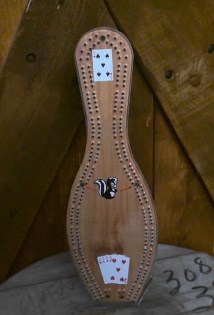 Vintage Bowling Pin Cribbage Board w Ducks Scene & Brass Pins for sale