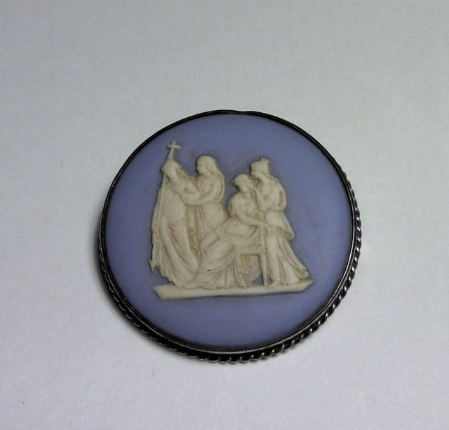 Vintage Wedgwood Round Blue Jasper Ware Brooch for sale