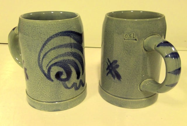 Two MR Blue Stoneware Beer Mugs for sale on heinventures.ca