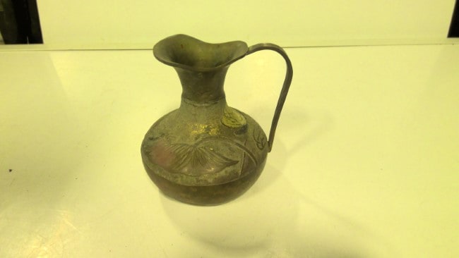 Small Vintage Brass Jug with floral design for sale on heinventures.ca