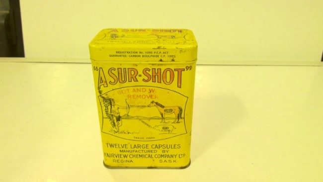 "A Sur-Shot" Bot and Worm Remover Antique Tin for sale