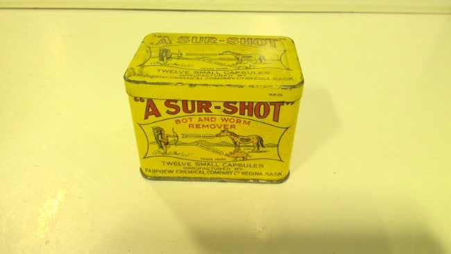 "A Sur-Shot" Bot and Worm Remover Antique Tin (small) for sale