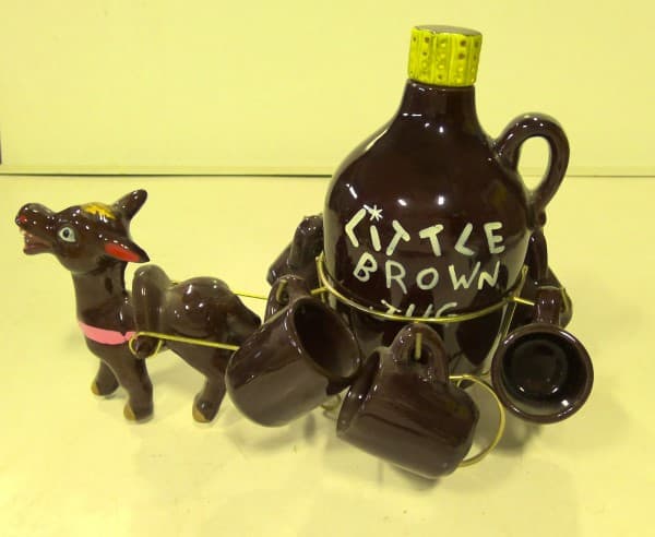 Wildcat juice whiskey jug & horse drawn wagon with 6 cups shot glasses for sale