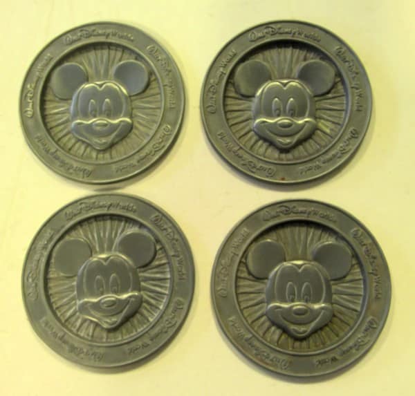 Set of Four Vintage Pewter Mickey Mouse Disneyworld Souvenir Coasters for sale