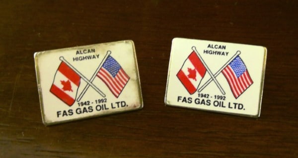 Set of 2 Fas Gas Oil Alcan Highway 1942-1992 Lapel Pins for sale