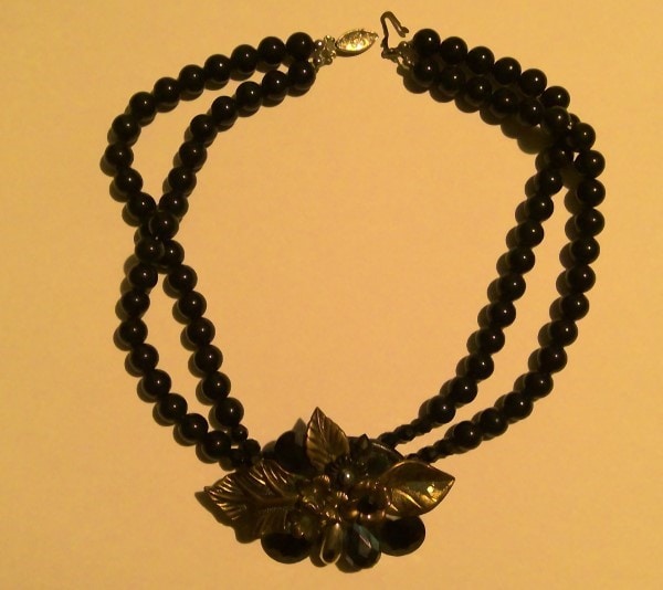 Vintage Black Beaded Necklace with Gold Tone Leaf and Flowers for sale