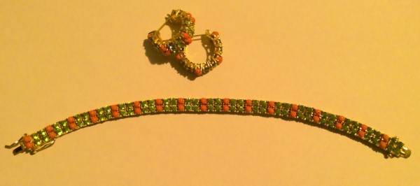 Vintage Joan Rivers Bracelet with Matching Earrings - Green Gold & Pink for sale