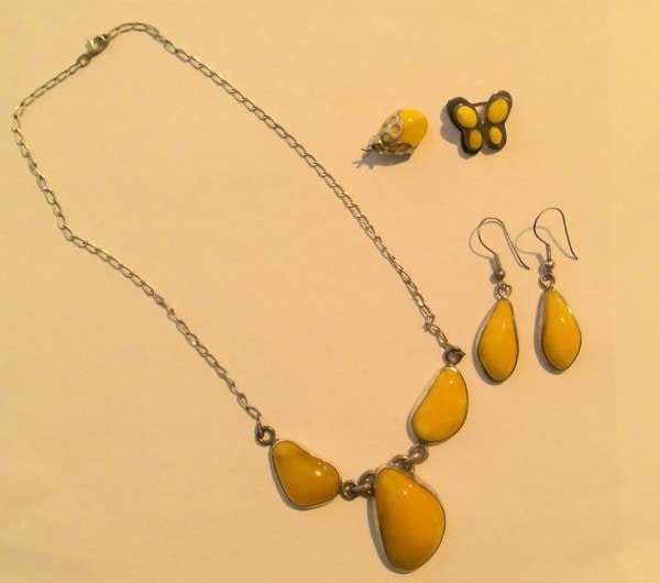 Vintage Yellow Amber Stone Jewelry Set - Necklace, Earrings & Brooches for sale