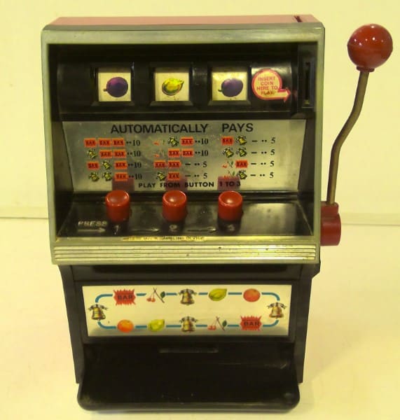 Front of Vintage 1972 Toy Slot Machine for sale on Hein Ventures' online store