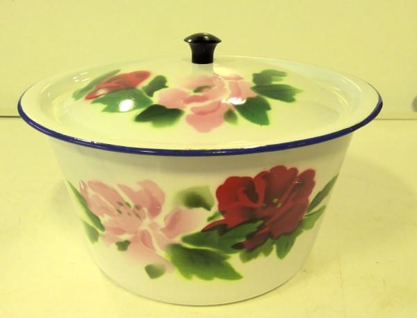 Vintage Enamel Pot & Lid with Floral Motif for sale