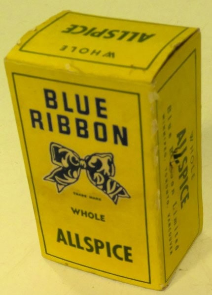 Vintage Blue Ribbon Allspice Yellow Cardboard available on Hein Ventures' vintage store