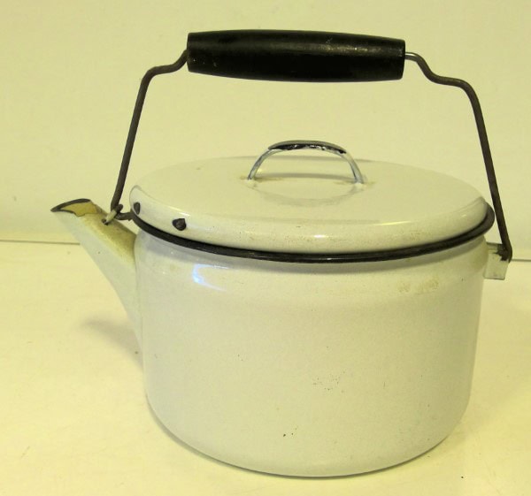 Antique Enamel Tea Kettle White with Black Rim for sale