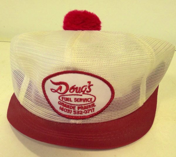 Doug's Fuel Service Red & White Snapback Hat with Pompom for sale