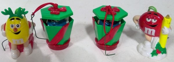 Lot of 4 M&M Christmas Ornaments: 2 Light-up and 2 Pop-up, working for sale on heinventures.ca