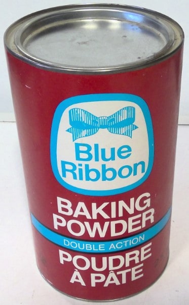 Blue Ribbon Baking Powder Round Tin with Paper Label for sale on heinventures.ca