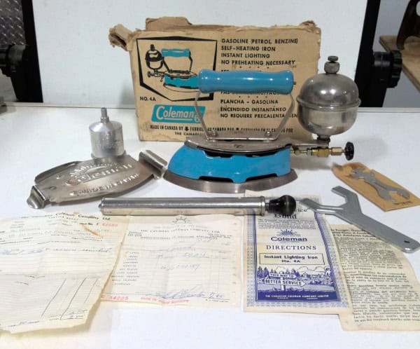 Vintage Coleman No 4A Gas Iron with Original Box, Parts, and Paperwork. for sale