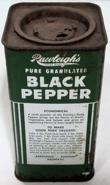 Rawleigh's Black Pepper 8 oz Green and White Tin for sale on Hein Ventures' Vintage Store