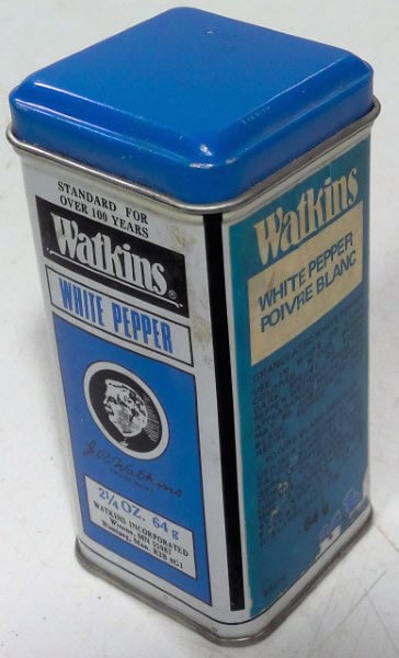 Vintage Watkins White Pepper Tin for sale on heinventures.ca