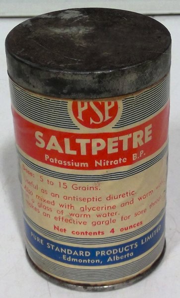 PSP Saltpetre Potassium Nitrate B.P. 4 oz Paper Tin for sale on heinventures.ca