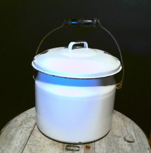 Vintage White & Black Enamel Bucket with Lid for sale