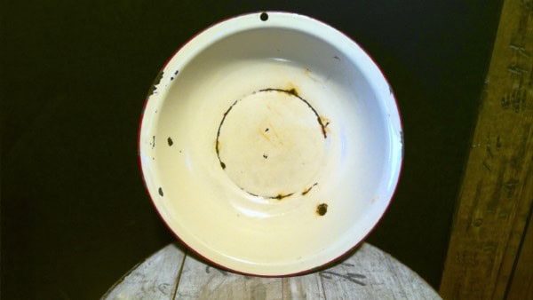 Vintage Red Banded Porcelain Enamel Wash Basin Bowl for sale