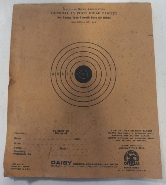 National Rile Association Offical 15 Foot Rifle Target.  "For Spring Type Smooth Bore Air Rifles" available on Hein Ventures' online antique and vintage store