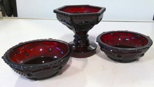 Lot of 3 Avon Cape Cod Ruby Red Glass Candy Dishes for sale