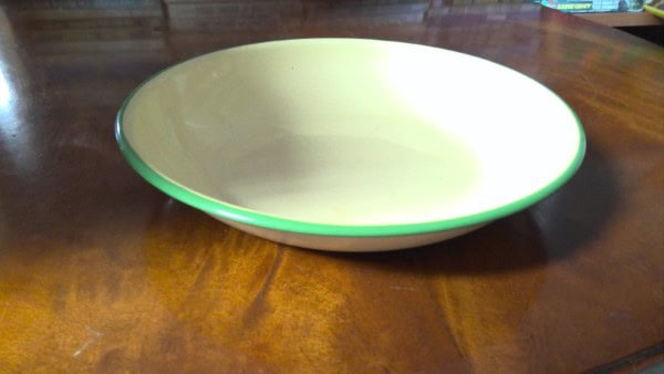 Vintage Enamel Lucky Elephant Brand Green Rim Bowl for sale