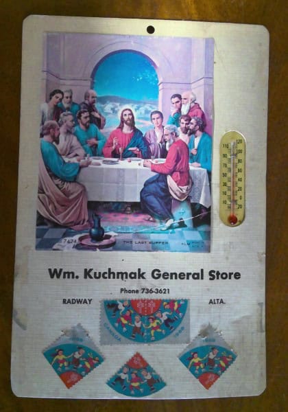 Vintage Cardboard Advertising Thermometer with Last Supper Photo - Radway Alberta for sale