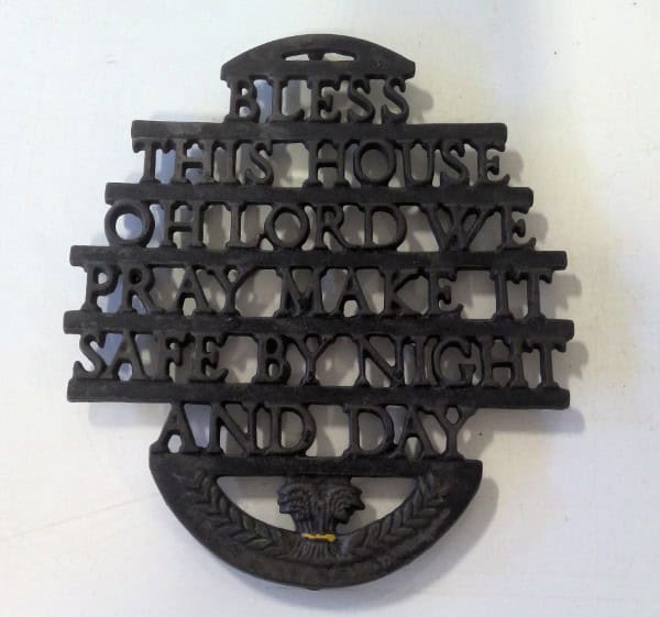 Bless This House Oh Lord We Pray Make it Safe By Night and Day Vintage Cast Iron Trivet for sale