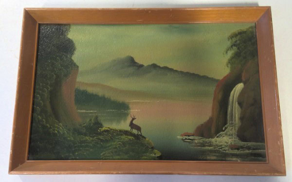 Vintage Framed Landscape Mountain Lake, Stag, and Waterfall Framed Art Painting for sale