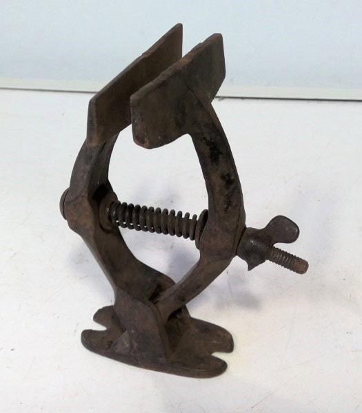 Vintage Cast Iron Small Bench Vise Primitive Wing Nut & Bolt Clamp - Early Metal Worker Bench Vise for sale