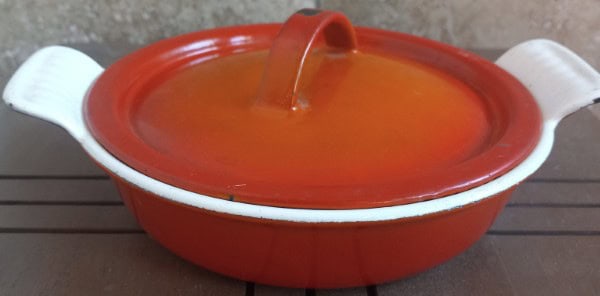 Vintage Orange Descoware Dish with Lid for sale on heinventures.ca