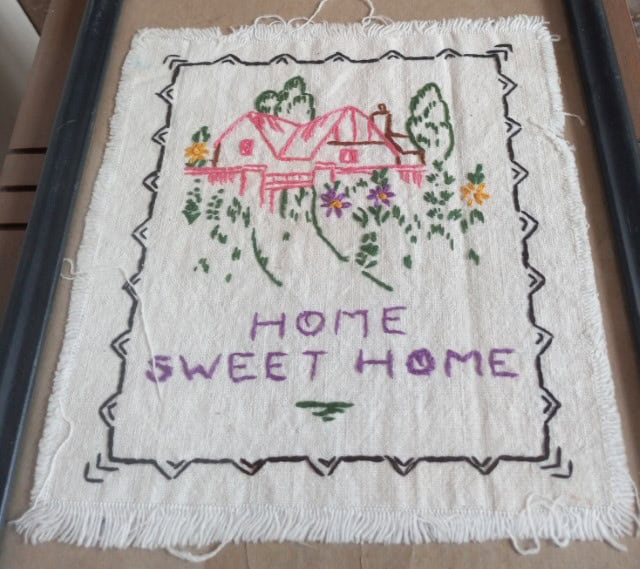 Close up of Handmade Embroidery 'Home Sweet Home' Art Piece for sale on heinventures.ca