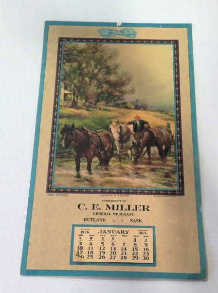 1926 Advertising Calendar C.E. Miller General Merchant Rutland Saskatchewan for sale