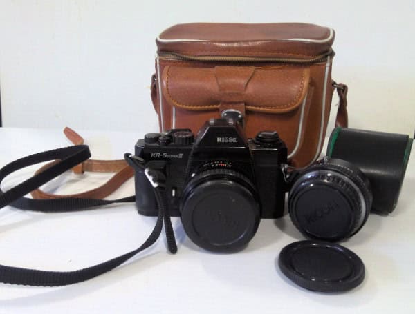 Vintage Ricoh KR-5 Super II Film Camera with Leather Bag and Teleconverter Lens for sale