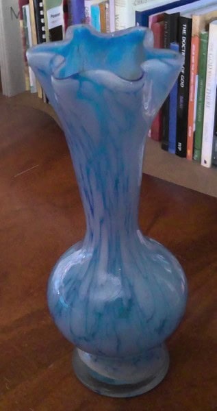 Blue and White Swirled Glass Vase for sale on heinventures.ca