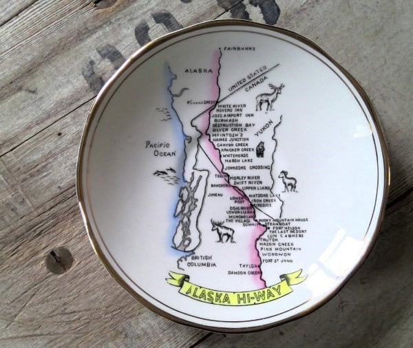 Vintage Alaska Hi-Way Souvenir China Plate - Showing 1950s stops along the Alaska Highway for sale