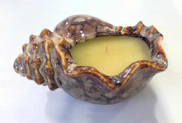 Vintage Glazed Pottery Ceramic Conch Shell Candle Holder (with candle) C.1970s for sale