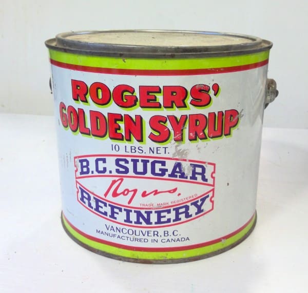 Vintage 10 LB Rogers' Golden Syrup Tin. The B.C. Sugar Refining Co. Ltd. Has Lid - some small scratches and dings as can be seen in pictures. for sale