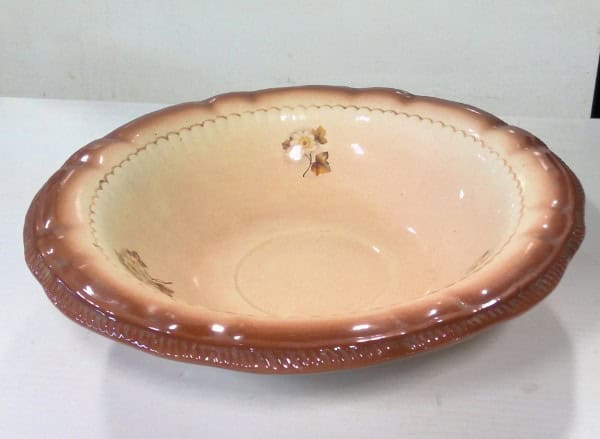 Vintage Ceramic Wash Basin Brown with Floral and Leaf Design for sale