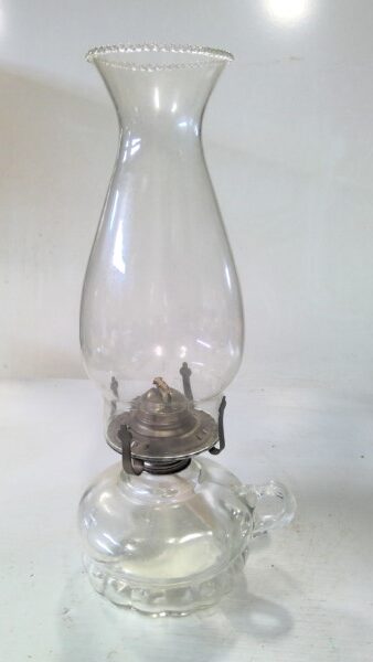 Vintage 1960s Lamplight Farms Portable Scalloped Glass Oil Lamp Finger Loop for sale