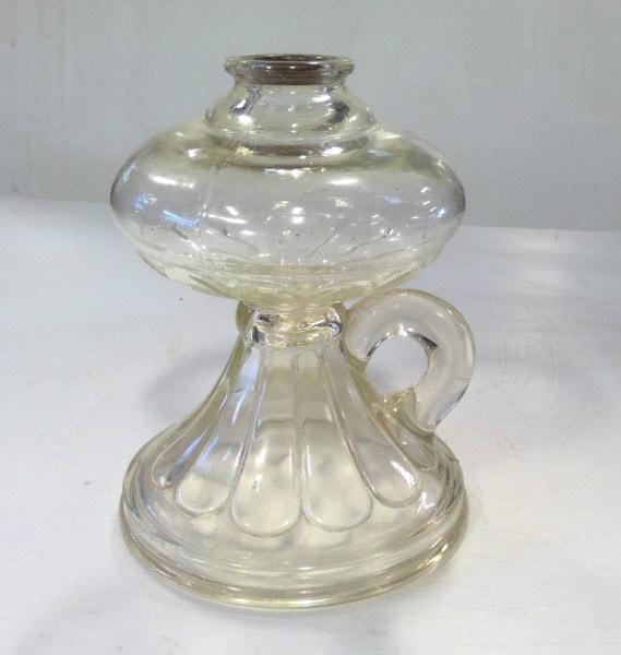 Antique Clear Pressed Glass Oil Lamp Base Finger Handle for sale