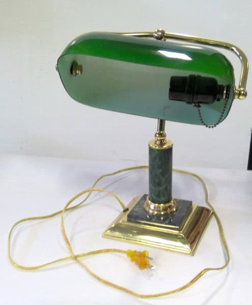 Vintage Brass & Marble Banker's Desk Lamp with Green Glass Shade for sale