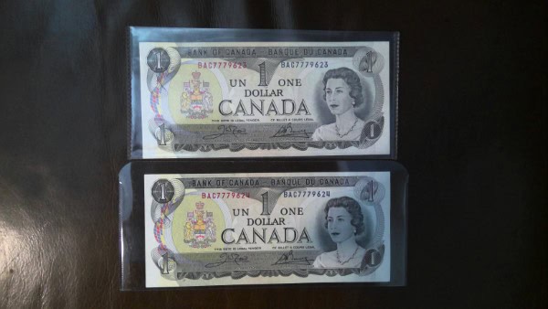 1973 Canada 1 Dollar Bills x2 in Sequential Serial Number for sale