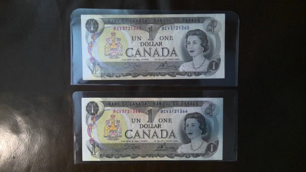 1973 Canada 1 Dollar Bills x2 in Sequential Serial Number for sale