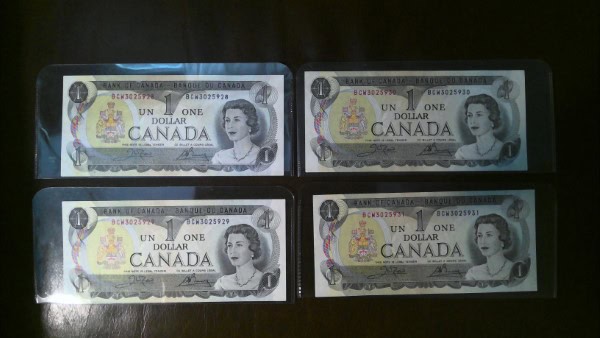 1973 Canada 1 Dollar Bills x4 in Sequential Serial Number for sale